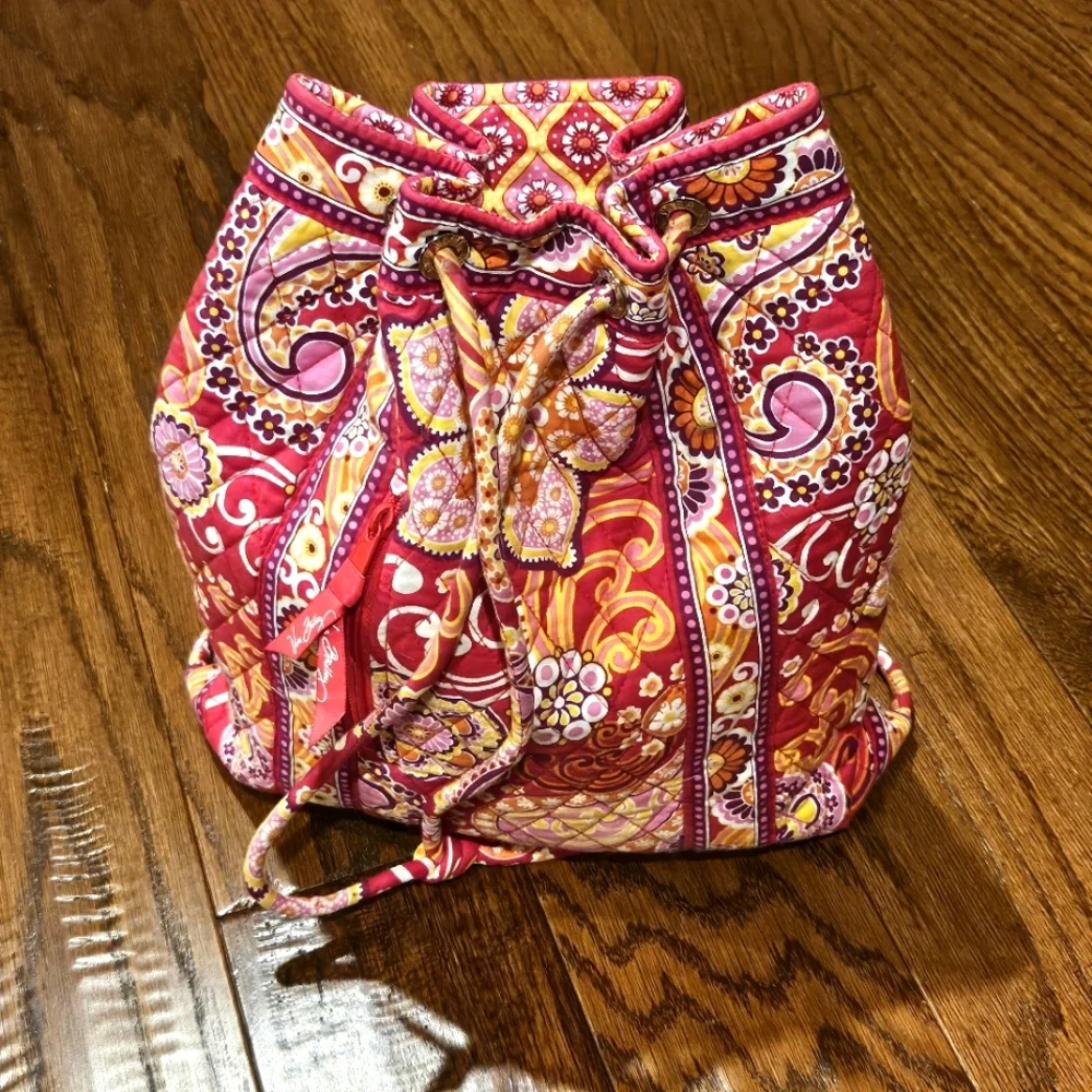 Vera Bradley Drawstring Backpack Cinch Tote Raspberry Fizz Pink Red Paisley 2008